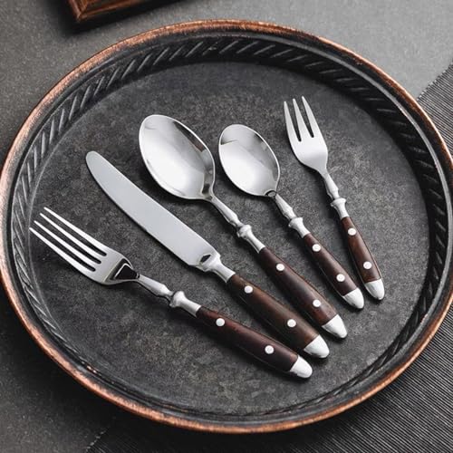 Brown Silverware Set 5 Piece Flatware Cutlery Set Service for 1,18/10 Stainless Steel Faux Wood Rivet Handle Mirror Polished Dishwasher Safe Premium Durable Utensil Sets for Home Kitchen Wedding