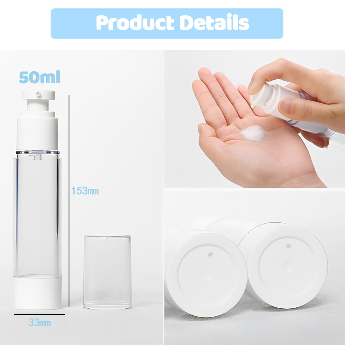 4 Pezzi 50ml Flaconi a Pompa Airless, Flaconi da Viaggio Trasparente, Airless Contenitore Crema Pump, Dispenser per Crema, Dispenser Cosmetico da Riempire, per Lozione, Fondotinta