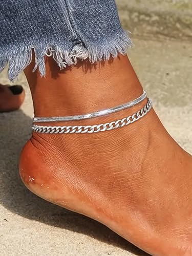 Image of FOCALOOK Anklet Bracelets Set for Women, 14K Gold Plated Waterproof Cuban Link Chain Layered Anklets Set for Plus Size Ankle 8-10.5 Inch Adjustable Summer Beach Jewelry Gift