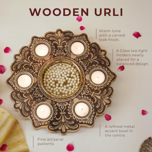 Image of BEHOMA Wooden Urli Bowl with 6 Tea Lights, Natural Wood, 12 inch | Natural wood mandala urli with 6 tea lights; ideal centerpiece for Diwali, rangoli & festive gifting.