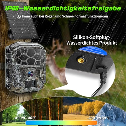 Wildkamera Solar WLAN mit Handyübertragung App 7800mAh Akku - 4K 60MP Wildtierkamera Bluetooth mit Bewegungsmelder Nachtsicht, 32GB SD-Karte, Nachtsichtkamera 0,1s Auslösezeit, IP66 Wasserdicht