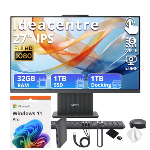 Image of Lenovo IdeaCentre AIO 27 inch FHD IPS Touch All-in-One Desktop, AMD Ryzen 5 8645HS, 32GB RAM, 2TB Storage (1TB SSD&1TB Dock), AMD Radeon 760M, Wireless Keyboard & Mouse, FHD Camera, Win 11 Pro, Grey