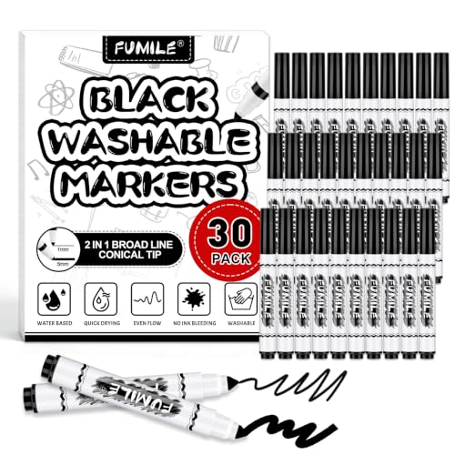 FUMILE 30 Pcs Black Washable Markers Bulk Markers for Kids Broad Line Conical Tip Coloring Marker Bulk for Student Back to School Supplies Teacher Classroom Must Haves & Essentials