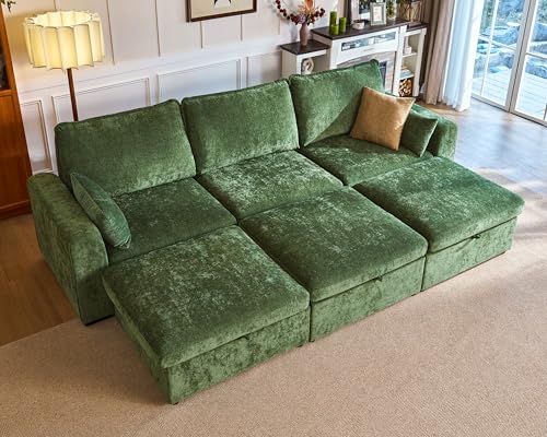 Image of 124.8'' Oversized Modular Sofa Comfy Cloud Couch with Storage, Deep Convertible Sectional Sleeper Sofa Bed for Living Room, Covers Washable, 6-Seater with 3 Ottomans, Chenille, Green