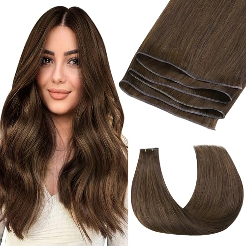 Image of GOO GOO Genius Weft Hair Extensions Human Hair, Sew In Hair Extensions Rooted Remy Weft, 4A Chocolate Brown 16inch 50g, Hand Tied Weft Hair Extensions