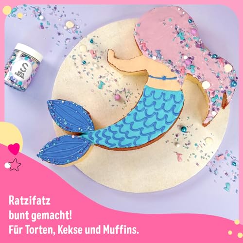 Super Streusel FräuleinFlosse – Meerjungfrau Streusel für Torte, essbare Tortendeko für Kuchen, Muffins & Cupcakes, ideal für Kindergeburtstag & Unterwasser Mottoparty (90g)