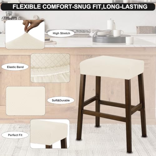 Image of NeColorLife Rectangle Bar Stool Covers Waterproof,Beige,2 Pack | Stretch Saddle Seat Covers for Counter Height, Kitchen Island, and Vanity Bar Stools, Protecting Seats from Daily Wear