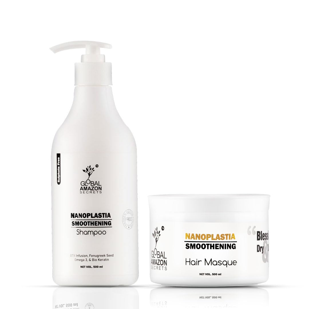 Global Amazon Secrets Original Combo Nanoplastia Shampoo & Hair Masque(mask) 500ml each | Btx Infusion, Fenugreek, Omega 3 & BioKeratin | Sulphate, parabens & Silicon Colour Free(1 shampoo 1 mask