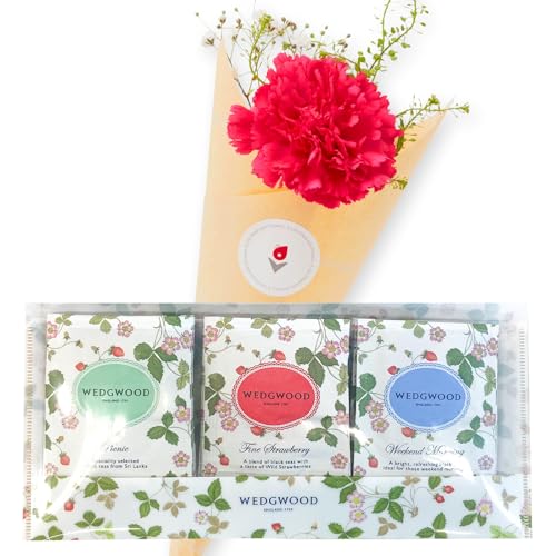 bloomee(ブルーミー) ウェッジウッド WEDGWOOD ティーバッグ 3種 季節のお花3本のミニブーケ クリスマス付き 花束 お菓子 スイーツ 洋菓子 ミニブーケ 生花 人気 誕生日 プレゼント 女性 母 結婚 記念日 お祝い お礼 お返し 出産祝
