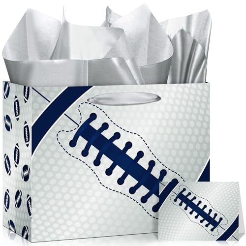 Innovoscape Cowboys Football Birthday Gift Bag Silver and Blue Football Gift Bags with Birthday Wrapping Paper and Greeting Card for Kids Boys Teen Men Team Sport Game Day Party Favor Goodie Gift