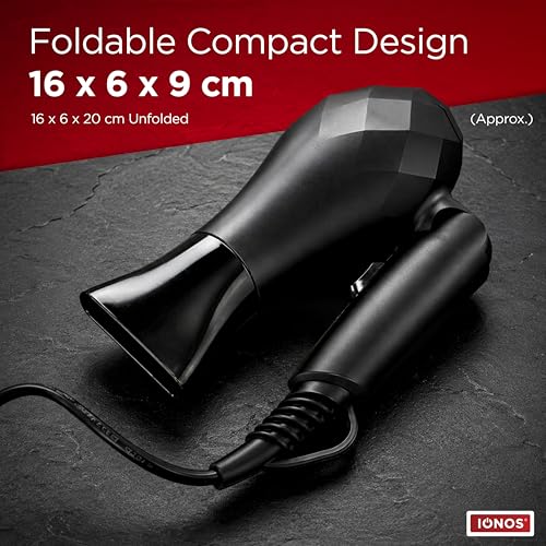 Image of IONOS Travel Hair Dryer with Status Styling Technology - 1000W, 2 Speed, Dual Tension, Foldable and Lightweight (IONTHD1PB10)