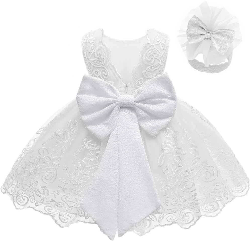 LZH Baby Girls Ruffle Lace Backless with Headwear,Bowknot Flower Dresses Pageant Party Wedding Baby Girl Christmas Dress