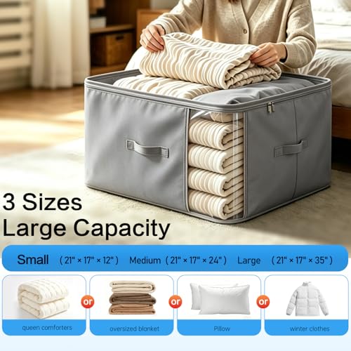 Image of Comforter Storage Bag, Large Capacity Blanket Storage Bags 3-Layer Ultra Space Saving Self Compression Organizer, Heavy Duty Space Saver Organizer for Bedding, Clothes, Blanket, 2-Pack, Gray