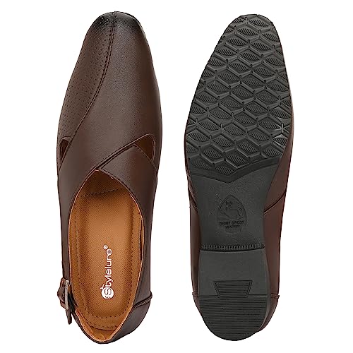 Image of Stylelure Ethnic Premium Leather Black Formal Peshawari Sandals|Summer|Trendy Slip-On Outdoors for Men (Black)