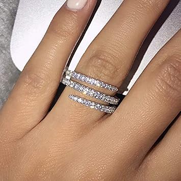 14K White Gold Luxury Imitation Diamond Ring Cz Bling Rings Silver Shiny CZ Diamond Cubic Zirconia Cocktail Rings Multi Row Ring Eternity Engagement Wedding Band Ring for Women Size 6