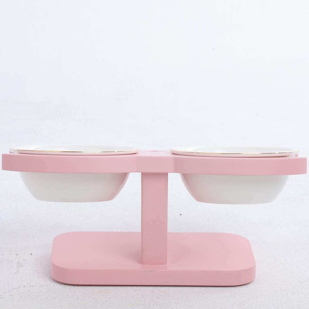 Cat Food Bowl with Stand 15 ° Inclined Platform Pet Feeder Stand Made of Solid Pine Wood with Ceramic Bowls Increased cat Food Bowl with Raised cat Food, Yellow (Pink)