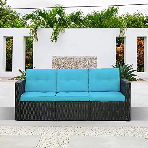 Outdoor Furniture, 3 Seat All Weather Wicker Rattan Outdoor Sofa Couch with Cushion,Aluminum Frame (Black/Blue) - Thumbnail 7
