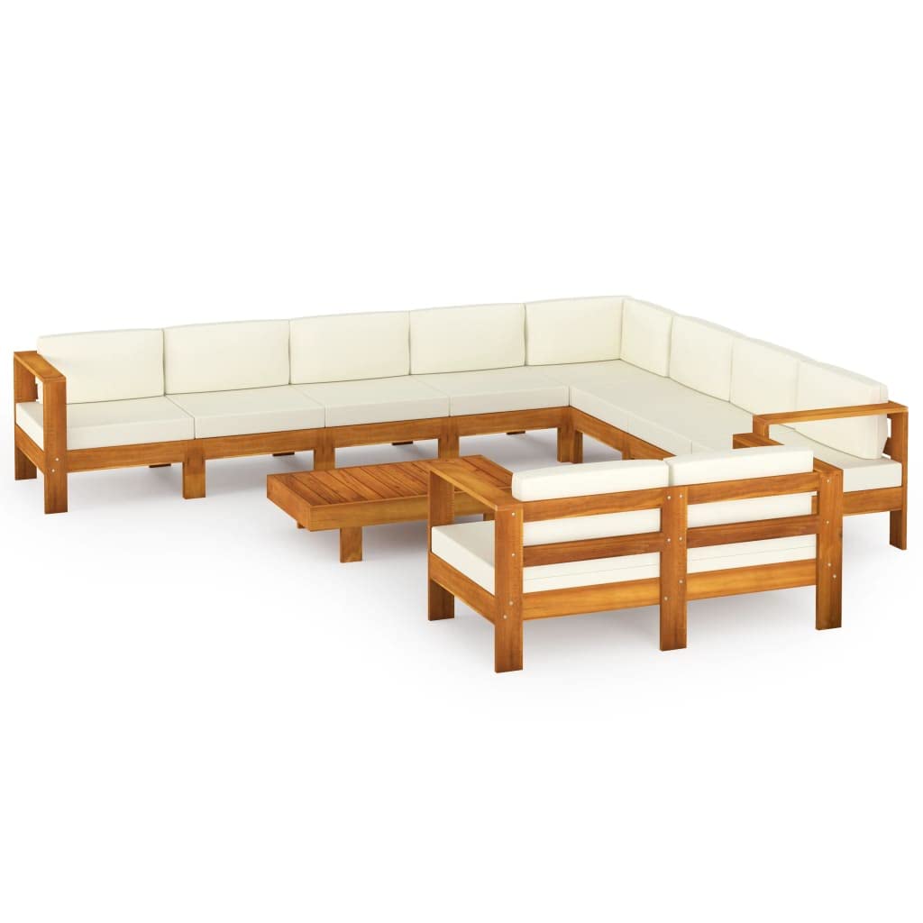 10-częściowy zestaw wypoczynkowy ogrodowy, lite drewno akacjowe, kremowo-białe poduszki, stół 100 x 60 cm, wytrzymała sofa outdoorowa na taras, balkon, werandę