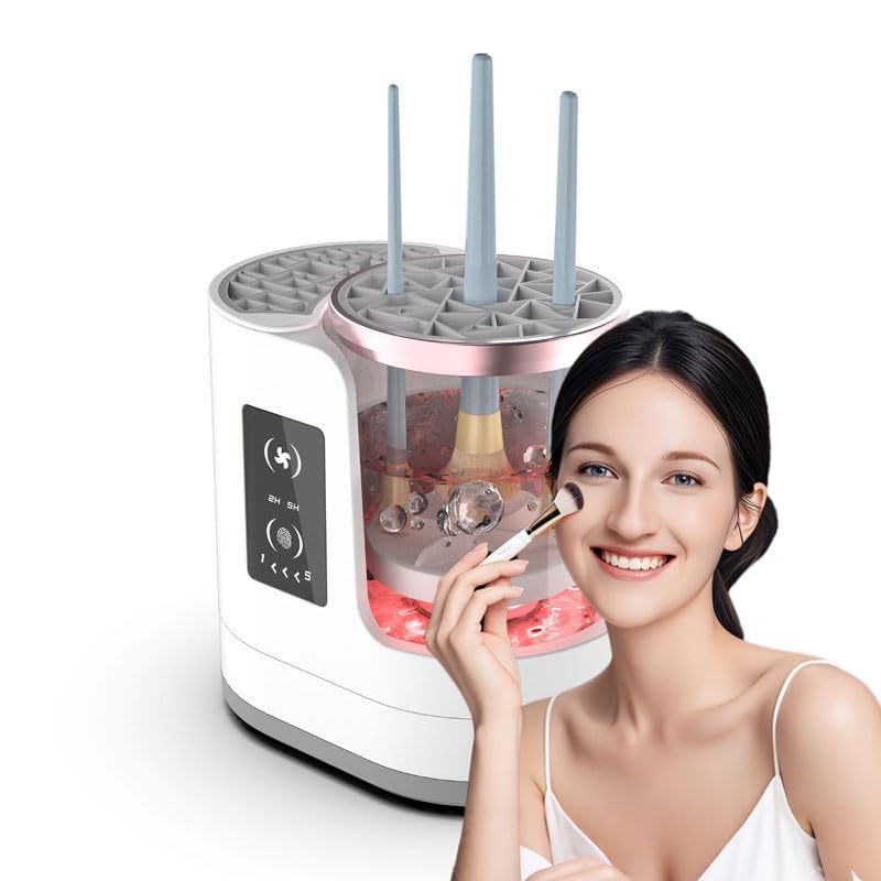 3 IN 1 Electric Makeup Brush Cleaner Machine With Makeup Brush Dryer Holder Portable Timing Automatic Cosmetic Brushes Cleaner Tool for All Size Beauty Makeup Brush White