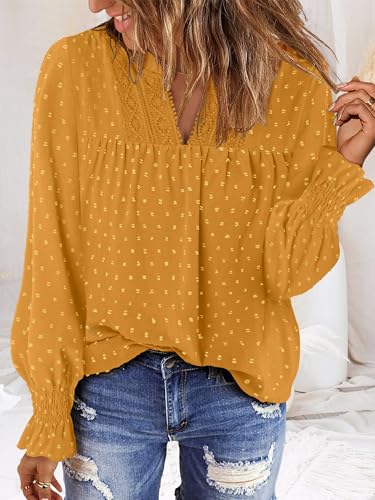 BETTE BOUTIK Women Boho Long Sleeve Shirts Dressy Casual V Neck Fall Fashion Tops Swiss Dot Flowy Blouses
