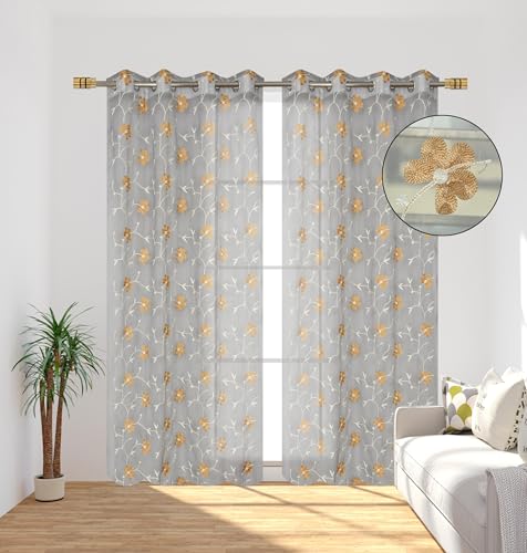 Image of Homefab India Embroidery Floral Net Transparent Sheer Curtain - 9X4 Feet, Long Door Curtains, Grey, Pack of 1 Pc