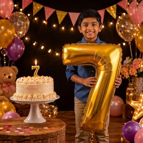 Image of Balloonistics Gold 40-Inch Foil Number 7 Balloon with Matching Number Candle - Combo Set for 7th Birthday, Anniversary, Party Decoration, Photo Booth Backdrop, Cake Table Decor