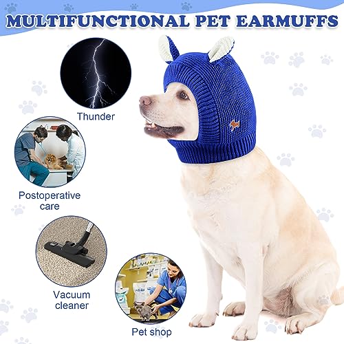 Image of Frienda Dog Ear Muffs Noise Protection, Neck 14.96 Inch Fits Medium Dogs, Knitted Calming Hood for Dogs, Fireworks Thunder Anxiety Relief, Fleece Inner Warm Beanie Hat(Royal Blue)