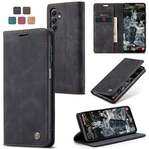 owlhold Handyhülle für Samsung Galaxy A25 5G Hülle Premium Lederhülle Weiches Vintage-Nubukleder Faltbare Ständer Klapphülle Kartenfach Standfunktion Schutzhülle für Samsung Galaxy A25 5G -Schwarz