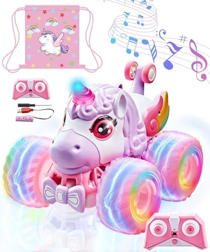 Remote Control Car Unicornios Trucks with Lights and Music,360°Rotating 4WD Stunt RC Cars Toys for Girls, 2.4 GHz, Rechargeable, All Terrain RC Toys Presents for Girls Age 3-10 (With Storage Bag)