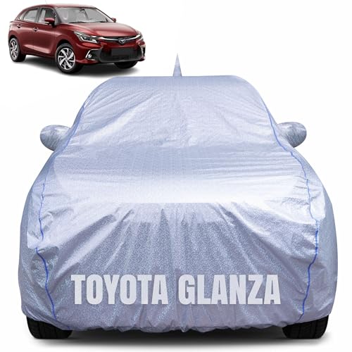 Image of 100% Waterproof Car Body Cover for Toyota Glanza (2022-2025) with Mirror Pocket, Heat & UV Resistant, Triple Stitched, Soft Lining, Bottom Elastic & Piping (Silver Reflective)