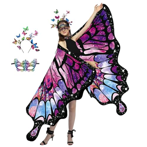 PASLFC Schmetterling Kostüm Damen Doppelseitig Halloween Karneval Kostüm Damen Schmetterling 3 Stück Set Schmetterling Umhang Damen Schmetterling Flügel Umhang Schmetterlingsflügel Erwachsene
