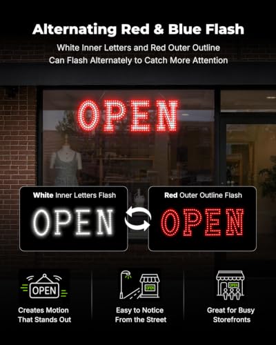 Image of 32 x 10 Inch LED Open Sign for Business - Timer via BT APP & Remote Control, Ultra Bright Open Sign with 14 Flash Modes, 6 Dimming Levels & 6 Speed Control for Salon Cafe Restaurant (Red & white)