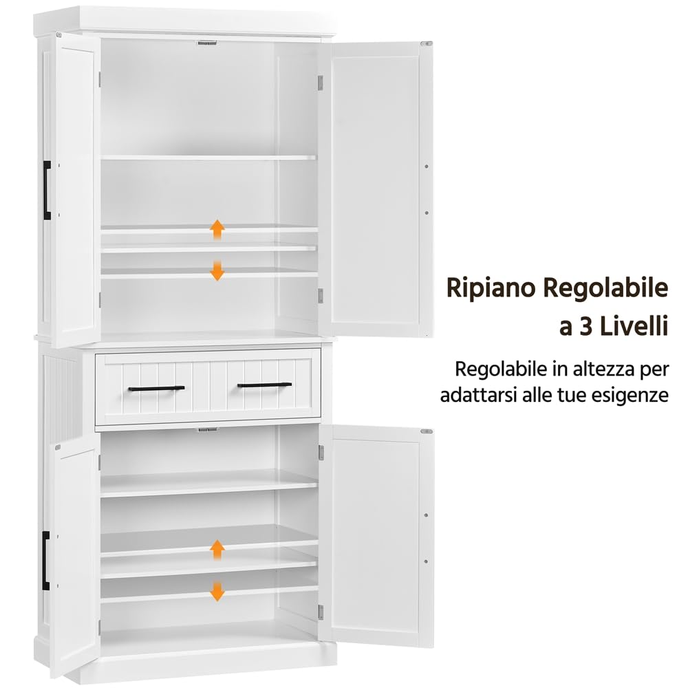 Yaheetech Credenza da Cucina Salvaspazio, Mobile Dispensa Alto Multiuso, Armadio da Soggiorno Bagno in Legno con 3 Ripiani Regolabili e 1 Cassetto 183.5x76.5x40.5 cm, Bianco