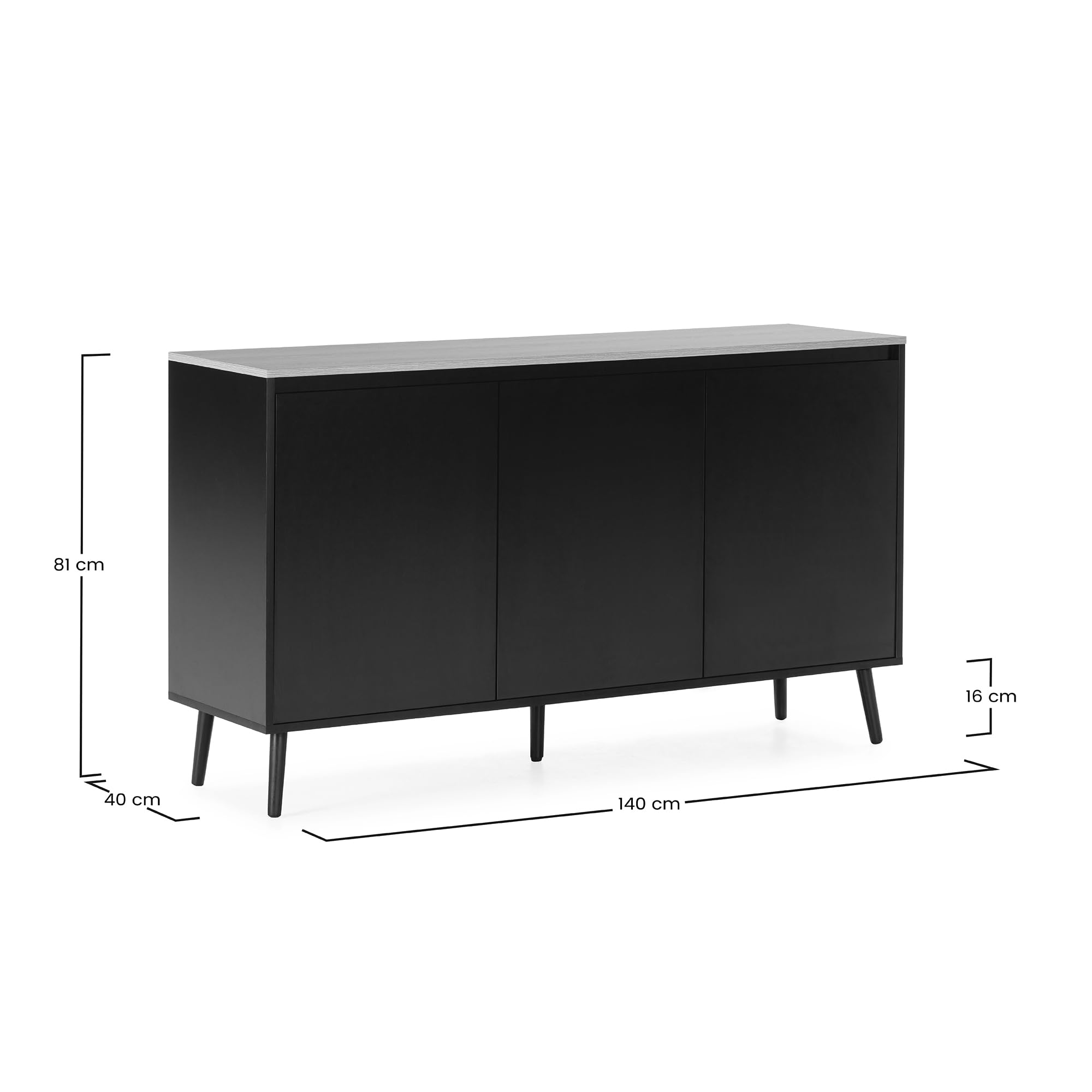 HOMN LIVING Aparador Desi 3 Puertas Color Negro, 140 cm (Ancho) 40 cm (Profundo) 80 cm (Altura)