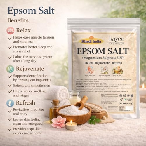 Image of Khadi Kayee Ayurveda Epsom Salt Pure Magnesium Sulphate for Bath Soak, Foot Soak & Muscle Pain Relief | Deep Relaxation, Muscle Recovery & Foot Soak Therapy | Spa-Like Experience at Home - 1KG