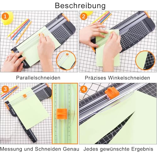 Meafeng® Papierschneider A4 mit 2 Klingen Papier Schneidemaschine Schneidegerät Papier Cutter mit Automatischer Sicherheit Schutz und Verlängerungslineal, Fotos, Coupons und Etiketten (Schwarz)