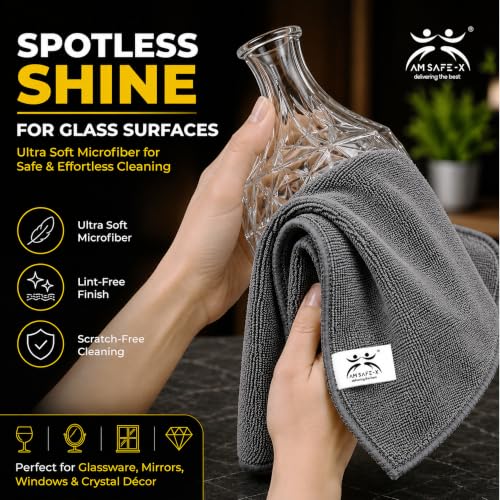 Image of AM Safe-X Premium Microfiber Cleaning Cloth 4Pcs 350 GSM 40x40cm Grey | Ultra Thick Dual-Sided Car Drying Towel | Super Absorbent, Lint-Free & Scratch-Free | Multipurpose Microfiber Cloth