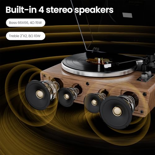 Image of Vinyl Record Player with Speakers,Bluetooth,AT-3600L,33 /45RPM,AUX /RCA | All in One Vinyl Turntables with 4 Treble /Bass Stereo Speakers,HiFi Turntables,Phono Preamp,2-Speed,AUX in /RCA Out
