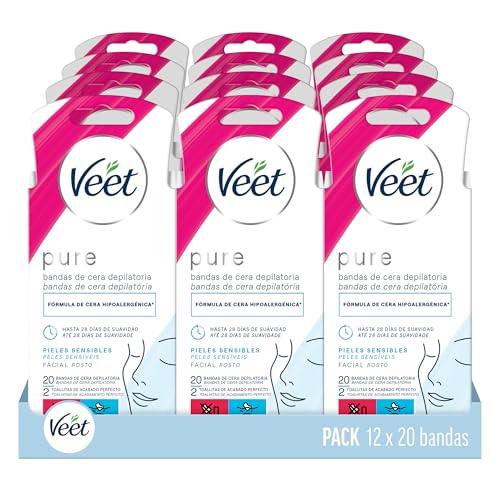Veet bandas de cera depilatoria facial 12 cajas de 20 uds, para piel Sensible (240 uds en total)