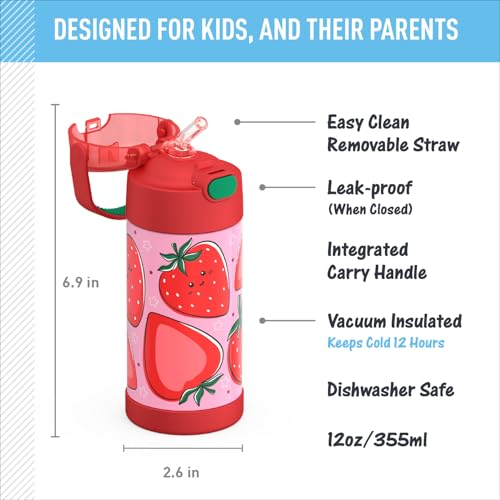 Image of THERMOS FUNTAINER Water Bottle with Straw, 12oz, Strawberry Smiles