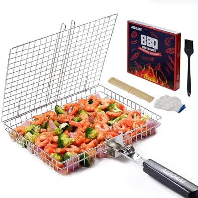 AIGMM Portable Stainless Steel BBQ Barbecue Grilling Basket for Fish ,Vegetables , Steak ,Shrimp, Chops and Many Other Food .Great and Useful BBQ Tool.