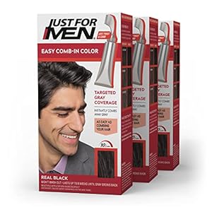Just For Men Easy Comb-In Color Mens Hair Dye, Easy No Mix Application with Comb Applicator – Real Black, A-55, Pack of 3