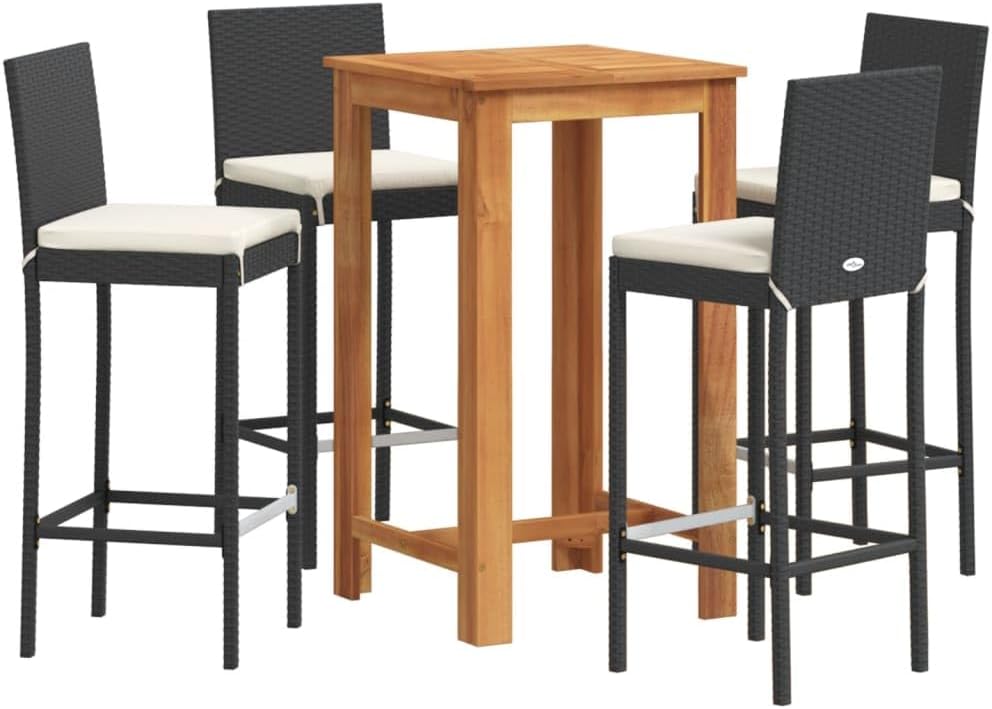 5-Piece Garden Bar Set with Removable Covers, Solid Acacia Wood and Poly Rattan Outdoor Furniture, Black Square Table and Four Stools for Patio, Balcony, or Deck Seating