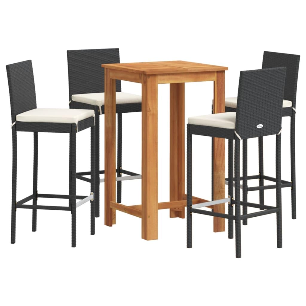Juego de 5 barras de jardín de madera maciza de acacia y ratán sintético, 60 x 60 x 105 cm, 4 taburetes de bar con cojines, juego de muebles de exterior duradero para terraza y balcón