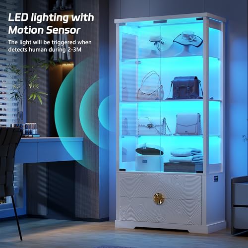 Image of TAGELIER Display Cabinet with Glass Doors and RGB LED Lights, 2 Drawers