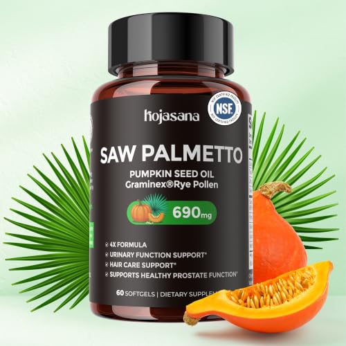 HojaSana 6-in-1 Saw Palmetto Prostate Health Supplement for Men Over 40 320mg Pharmaceutical Grade with Graminex Pumpkin Seed Oil Nettle Natural Urinary Tract & Hair Health Support 60 Softgels