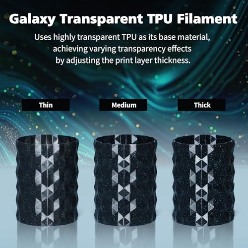 Image of YOUSU Galaxy Black TPU Filament 1.75mm Bundle, 95A (42D) Flexible 3D Printer Filament, Galaxy Glitter with Starry Sparkle Effect,250g Spool,4 Rolls,TPU Black Filament Glitter Gold+Blue+Purple+Colored