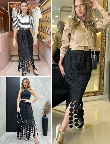 Arssm Womens Hollow Out Maxi Skirts Boho Fringe Hem Skirt Elastic High Waist Long Skirt Flowy Outfit4