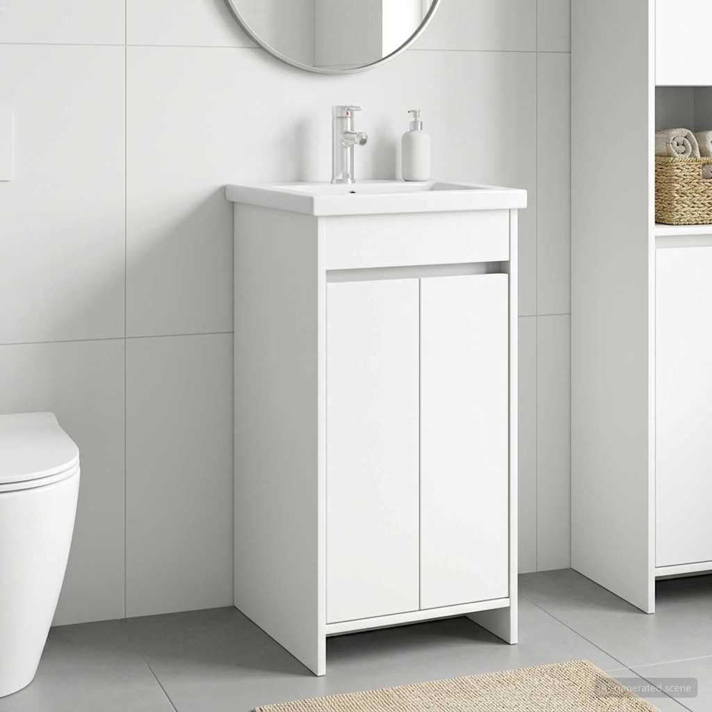 Mueble de baño de madera blanco de 42 cm con lavabo, grifo y armario de almacenaje