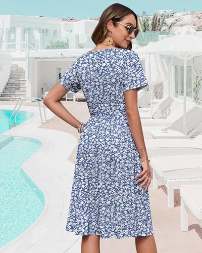 Image of WNEEDU Women V Neck Button Down Empire Waist Midi Summer Dress with Pockets